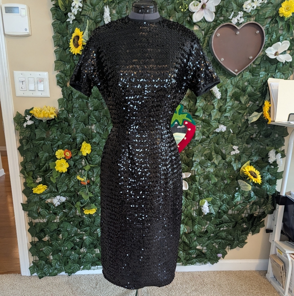 Vintage 1960s Anne Fogarty Black Sequined Wiggle Pencil Dress